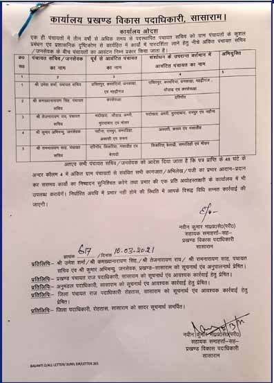 पंचायत सचिवों की बदली संबंधी बीडीओ का आदेश।