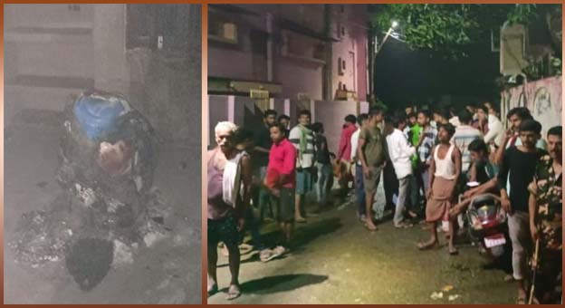 फ्लैट के अंदर इसी प्लास्टिक ड्रम में गलाई जा रही थी लाश (बाएं) तथा बिल्डिंग के बाहर जुटे उत्सुक लोग।